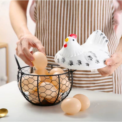 Farmhouse Ceramic Egg Container with Metal Basket
