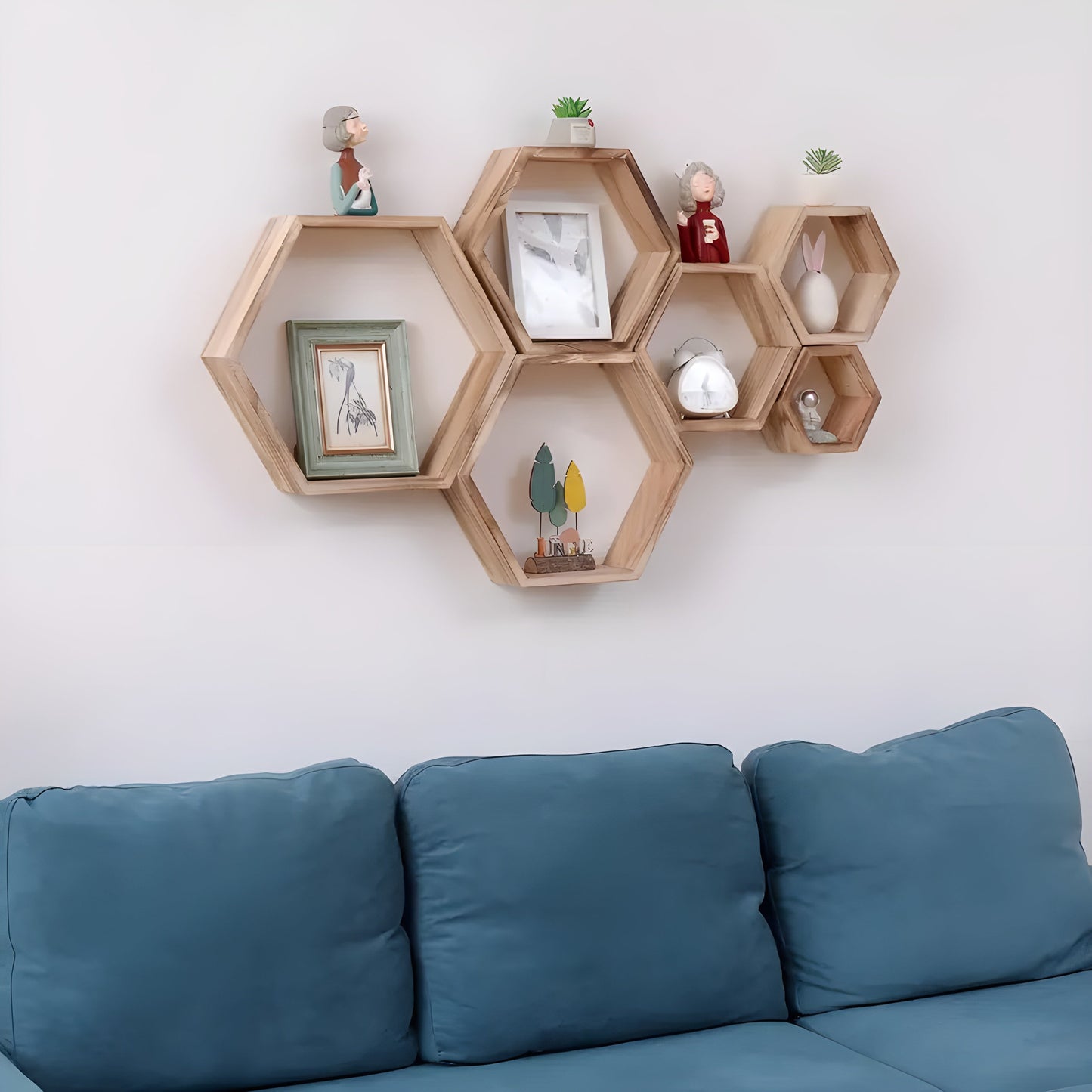 Rustic Wooden Wall Shelves 5 Piece Hexagon Set