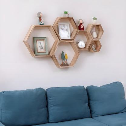 Rustic Wooden Wall Shelves 5 Piece Hexagon Set