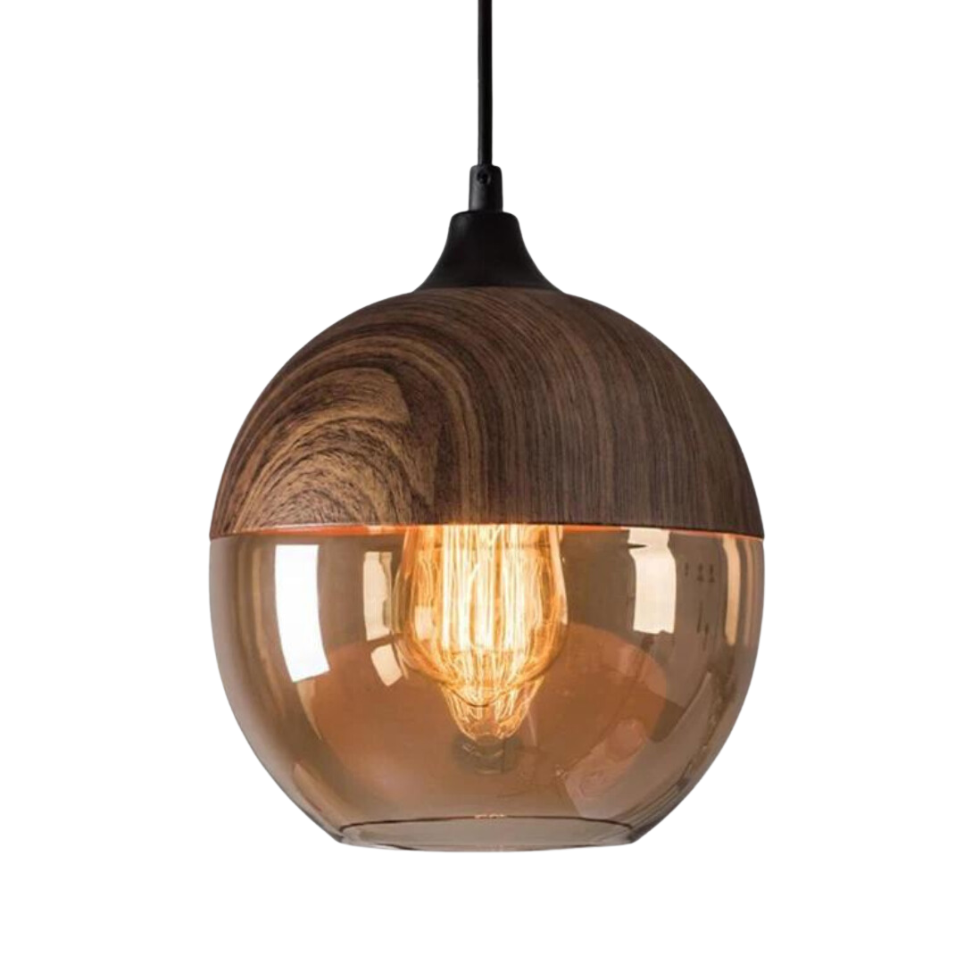 Rustic Wooden Pendant Light with Tinted Glass Shade - Befez