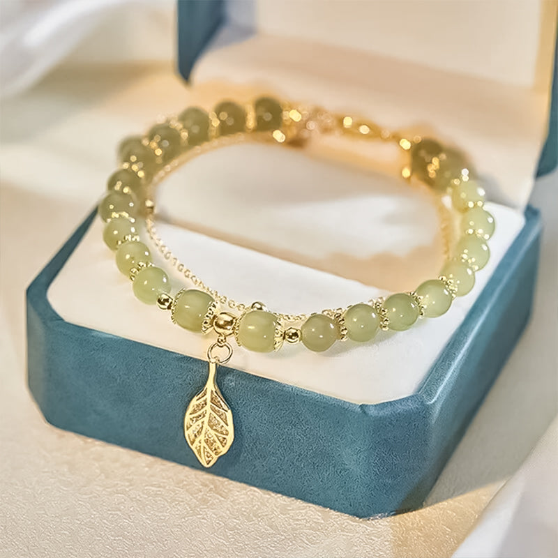 Luxurious Jade Leaf Gold Bangle Bracelet