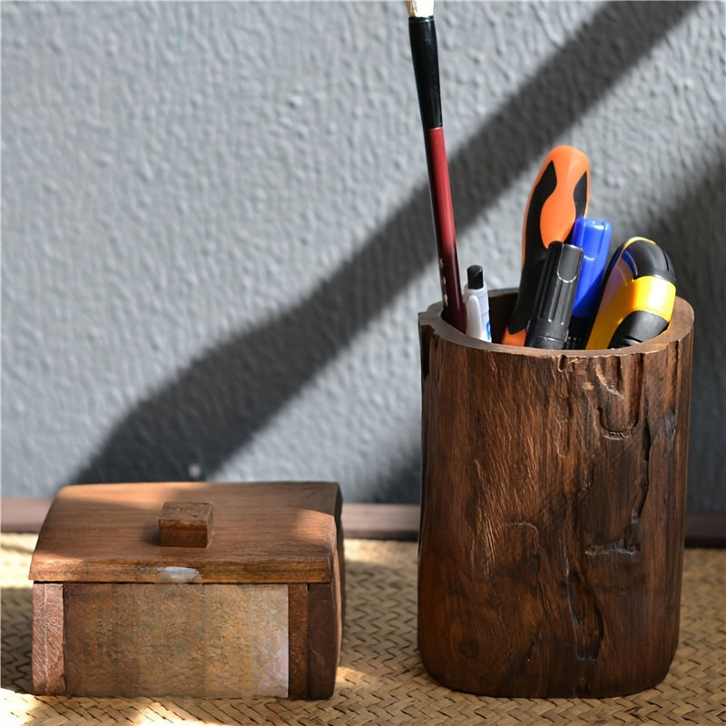 Rustic Wood Desk Pen Holder - Natural Home Office Decor