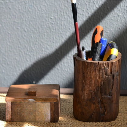 Rustic Wood Desk Pen Holder - Natural Home Office Decor