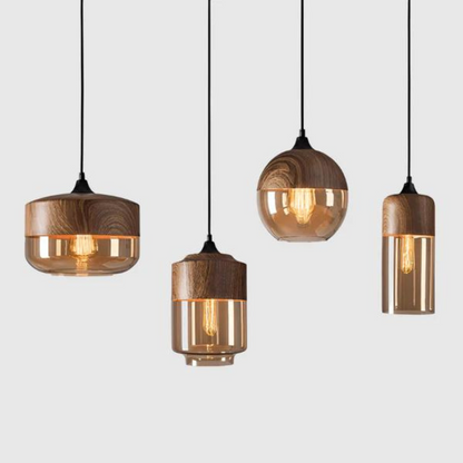 Rustic Wooden Pendant Light with Tinted Glass Shade