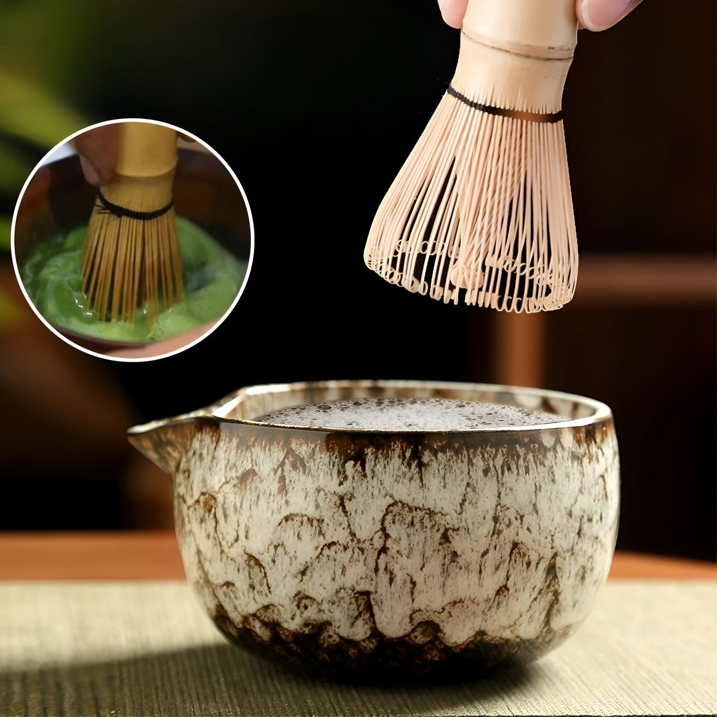 Classic Japanese Matcha Tea Set with Bamboo and Ceramic