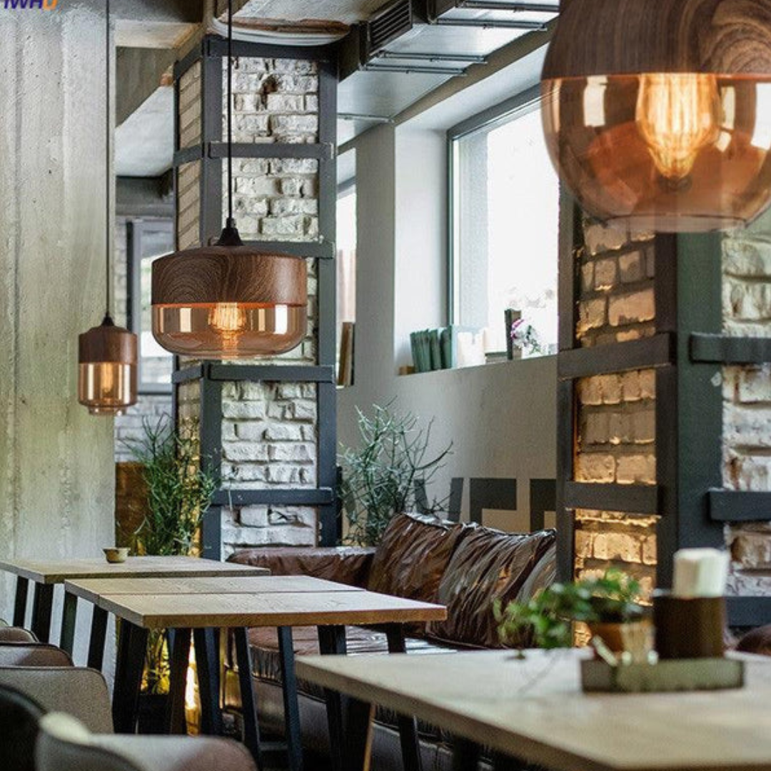 Rustic Wooden Pendant Light with Tinted Glass Shade