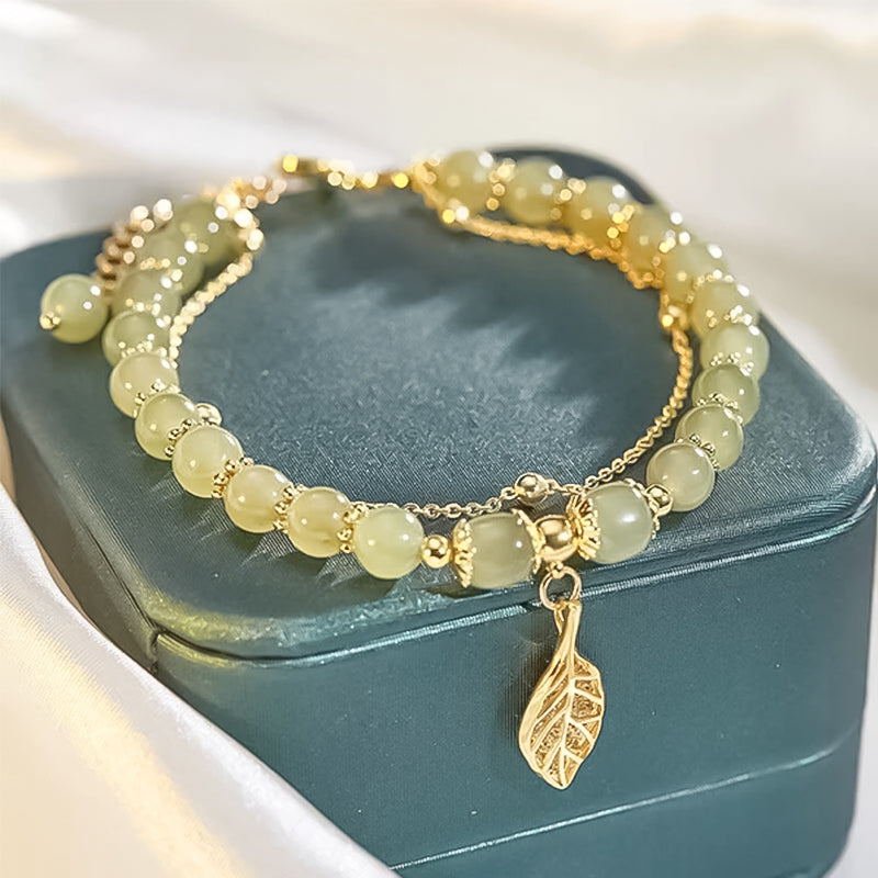 Luxurious Jade Leaf Gold Bangle Bracelet
