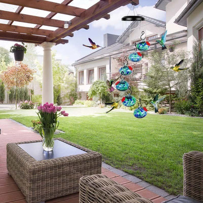 Colorful Glass Hummingbird Feeder with Wind Chime