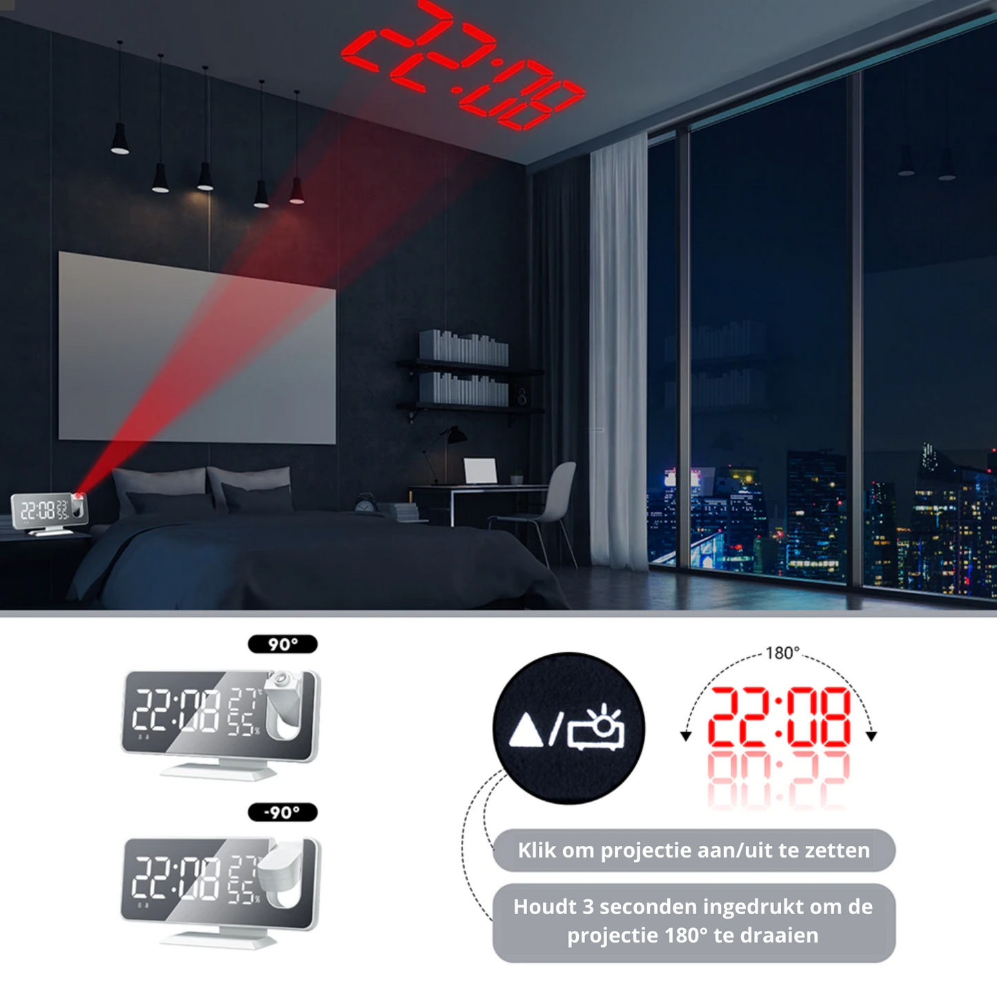 Digital LED Projector Alarm Clock with Wide View Screen