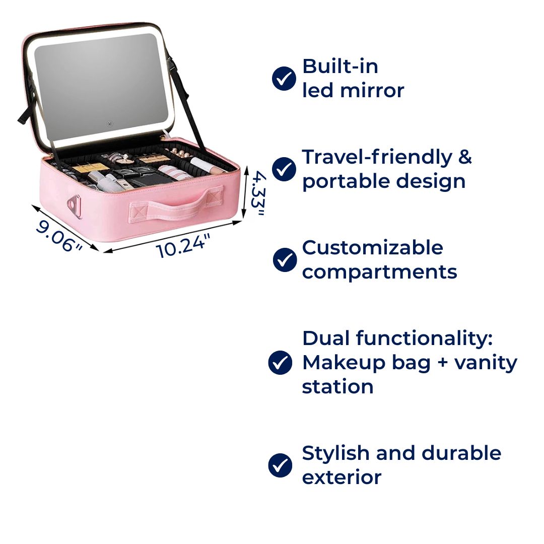 Portable Makeup Case with LED Light & Mirror