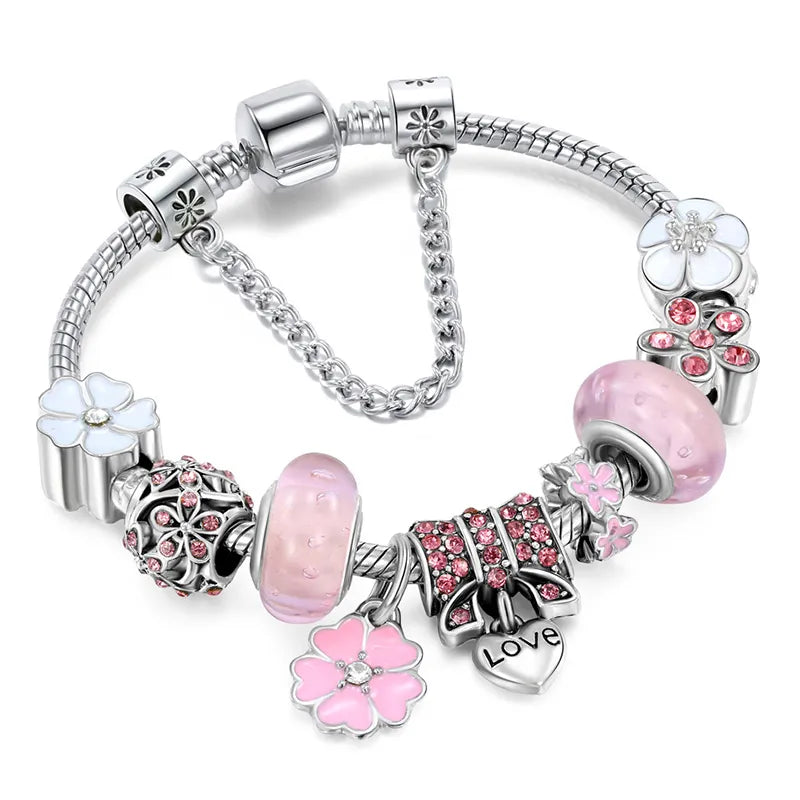 Sterling Silver Floral Charm Bracelet