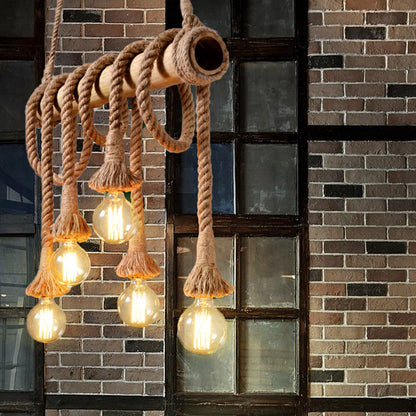Rustic Bamboo Pendant Light with Adjustable Rope Cord