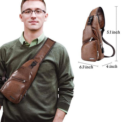 Big Mens Genuine Leather Chest Backpack Bag with USB Charger