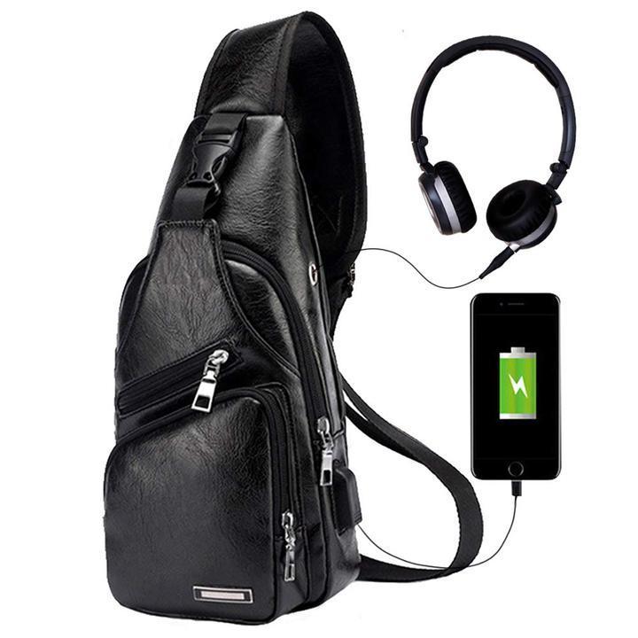 Big Mens Genuine Leather Chest Backpack Bag with USB Charger