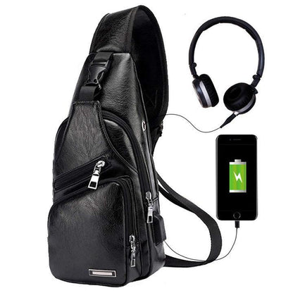 Big Mens Genuine Leather Chest Backpack Bag with USB Charger