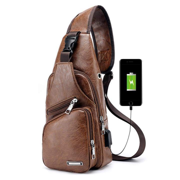 Big Mens Genuine Leather Chest Backpack Bag with USB Charger
