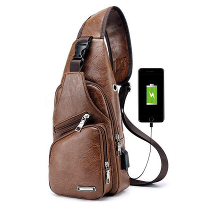 Big Mens Genuine Leather Chest Backpack Bag with USB Charger