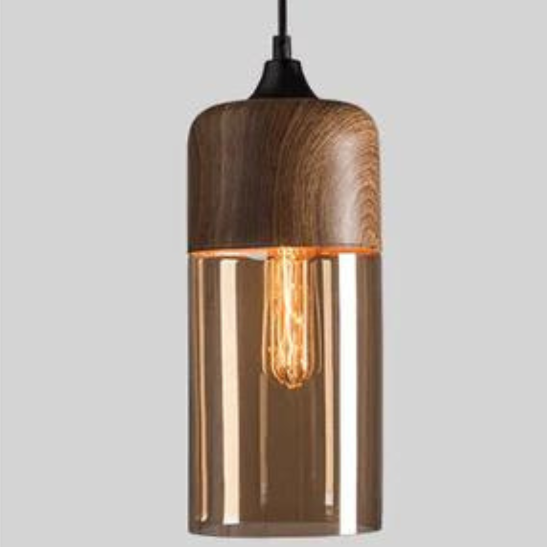 Rustic Wooden Pendant Light with Tinted Glass Shade