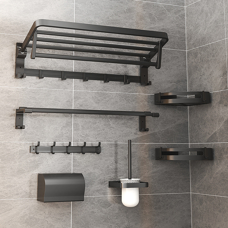 Contemporary Black Bathroom Fixture Set with Shelf and Hooks