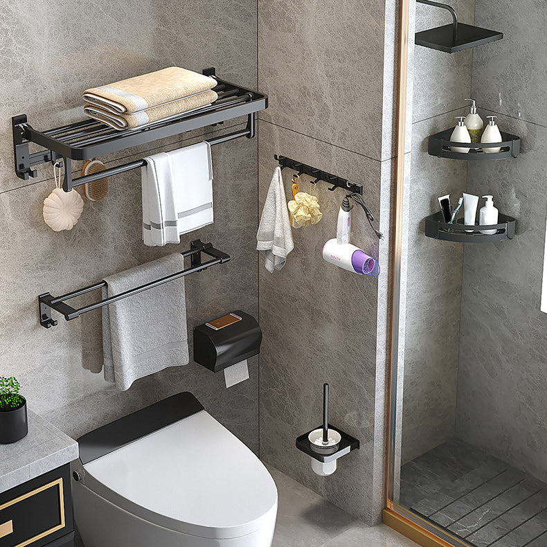 Contemporary Black Bathroom Fixture Set with Shelf and Hooks