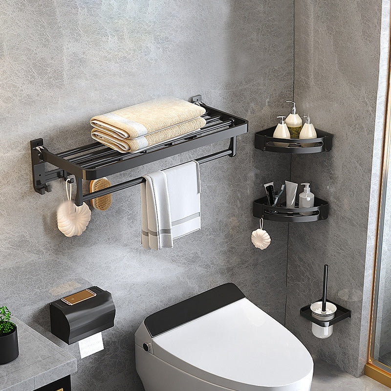 Contemporary Black Bathroom Fixture Set with Shelf and Hooks