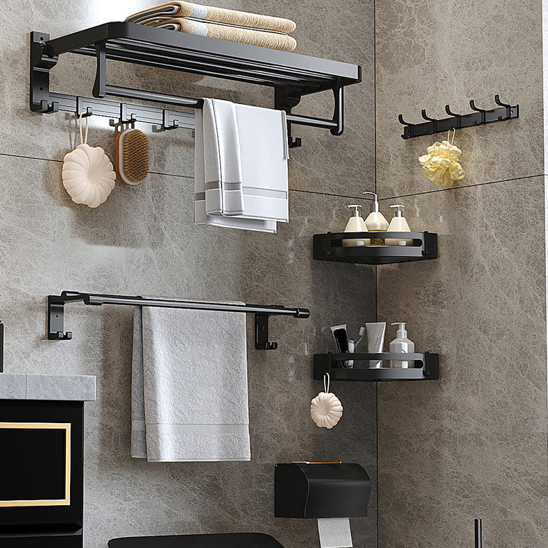 Contemporary Black Bathroom Fixture Set with Shelf and Hooks