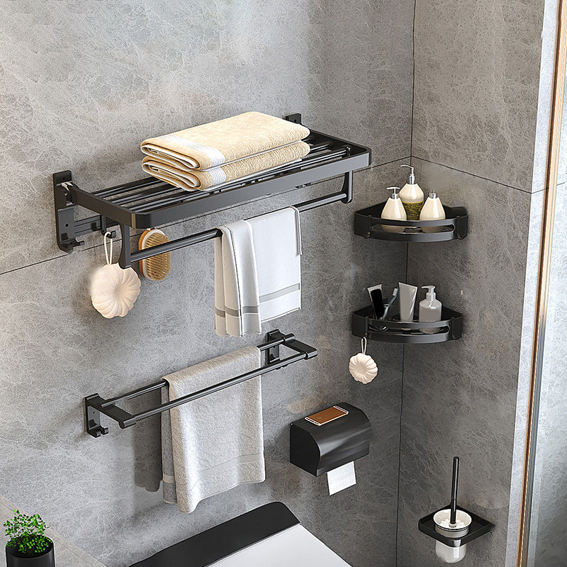 Contemporary Black Bathroom Fixture Set with Shelf and Hooks