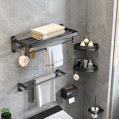 Contemporary Black Bathroom Fixture Set with Shelf and Hooks