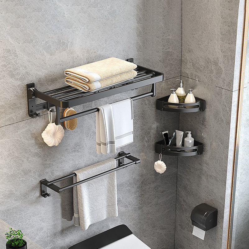 Contemporary Black Bathroom Fixture Set with Shelf and Hooks