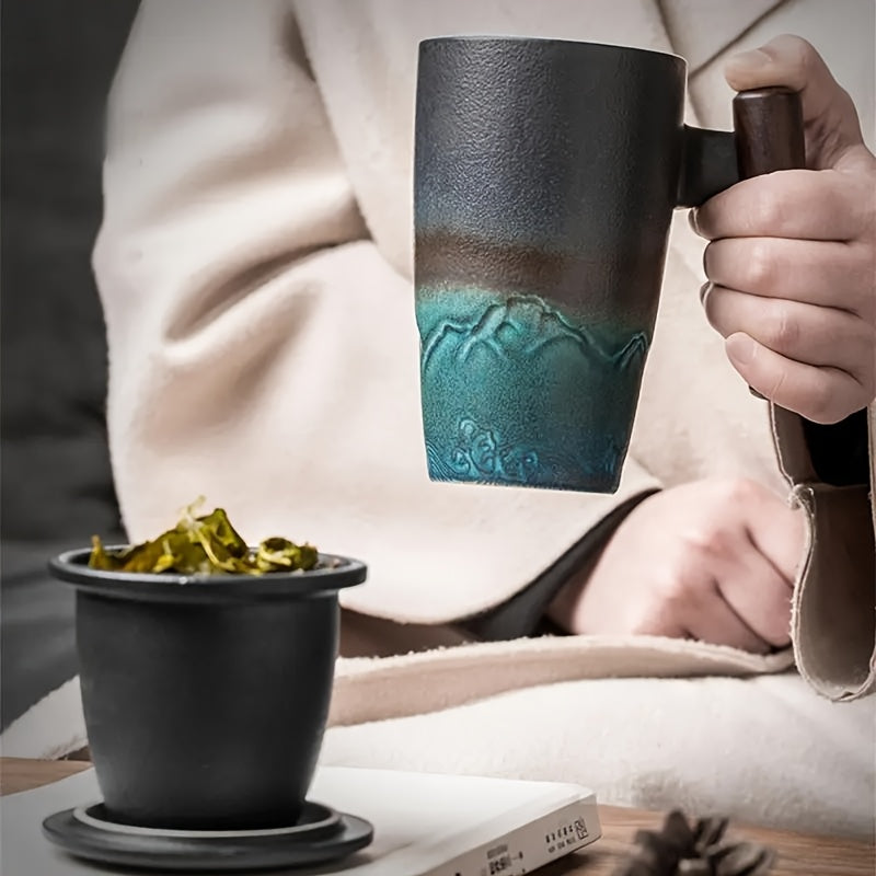 Vintage Tea Mug with Infuser and Wooden Grip