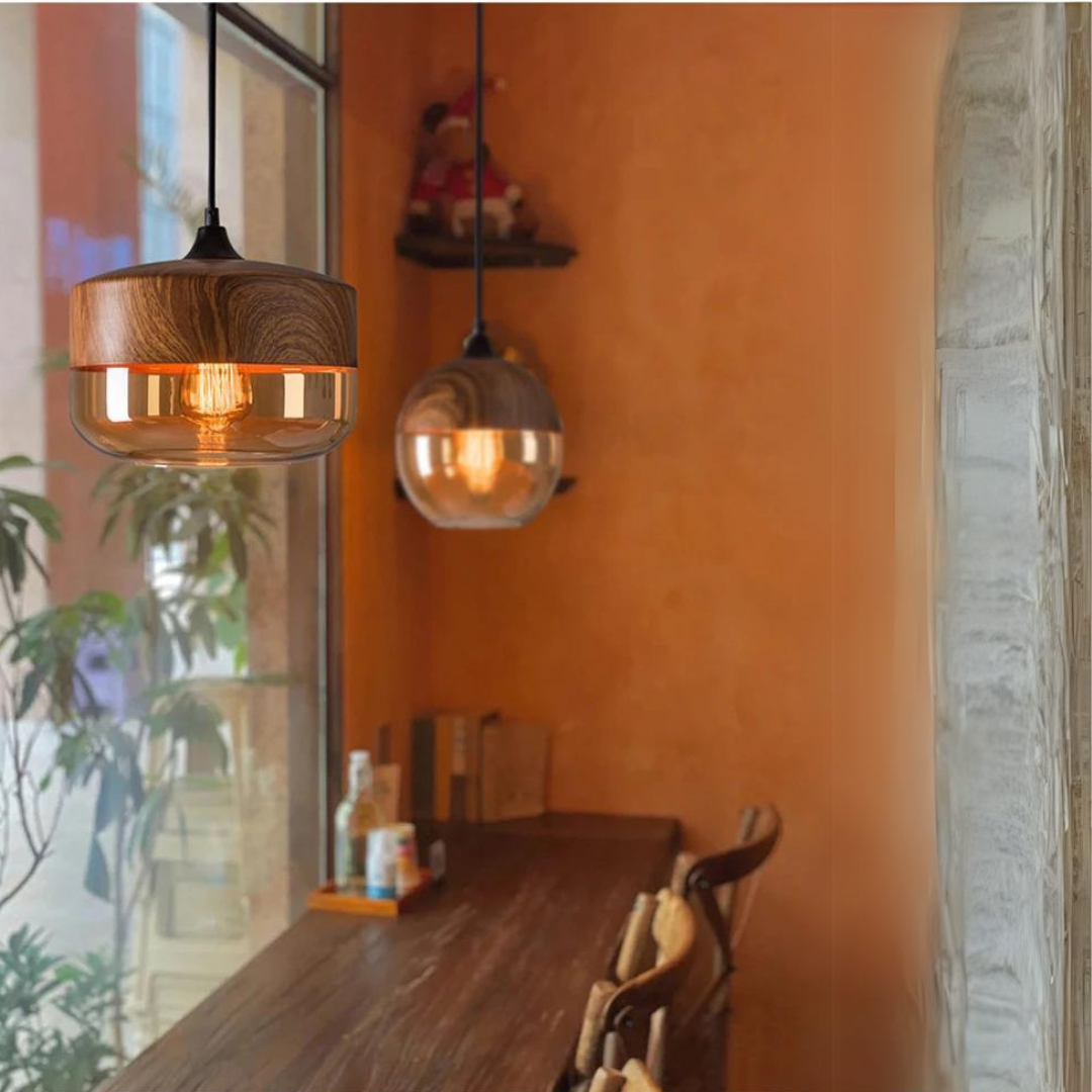 Rustic Wooden Pendant Light with Tinted Glass Shade