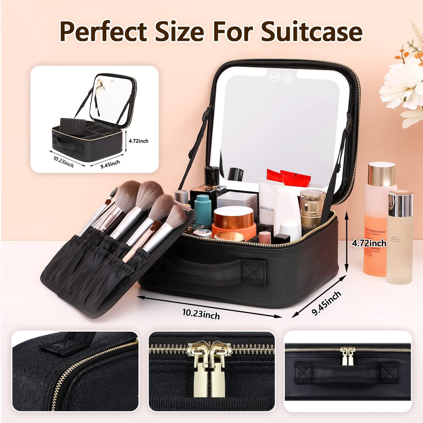 Travel Makeup Case with LED Light and Mirror