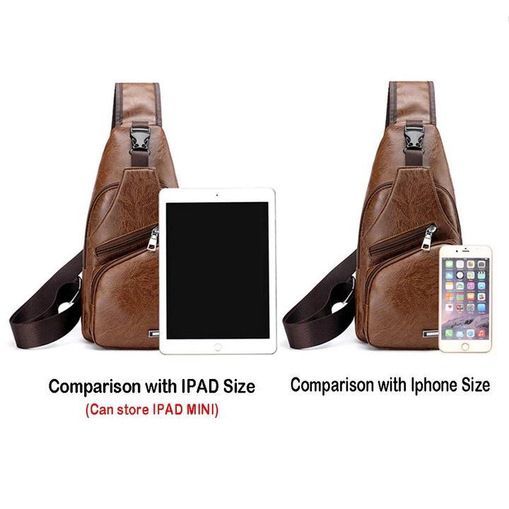Big Mens Genuine Leather Chest Backpack Bag with USB Charger