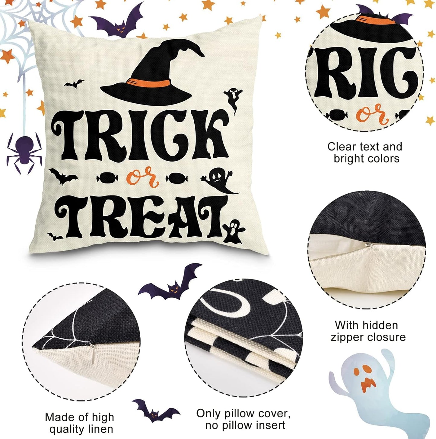 Spooky Halloween Pillow Covers - Spider Web, Cat, Skull Decorative Cases
