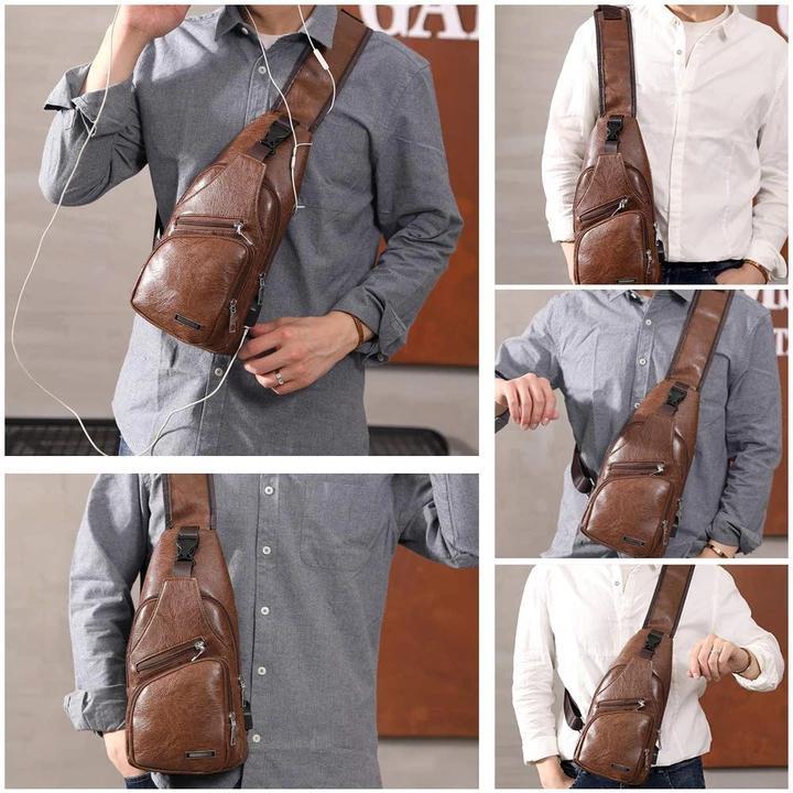 Big Mens Genuine Leather Chest Backpack Bag with USB Charger