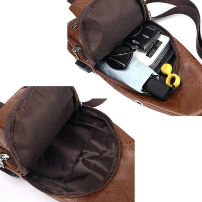 Big Mens Genuine Leather Chest Backpack Bag with USB Charger
