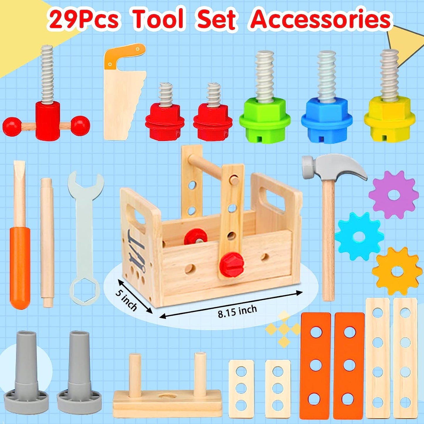 Kids Wooden Toy Toolbox Set