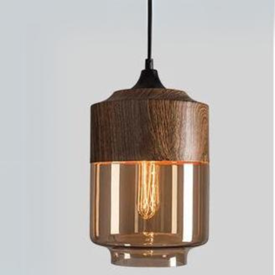 Rustic Wooden Pendant Light with Tinted Glass Shade