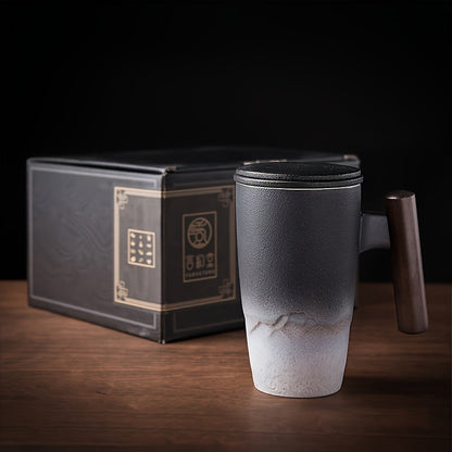 Vintage Tea Mug with Infuser and Wooden Grip