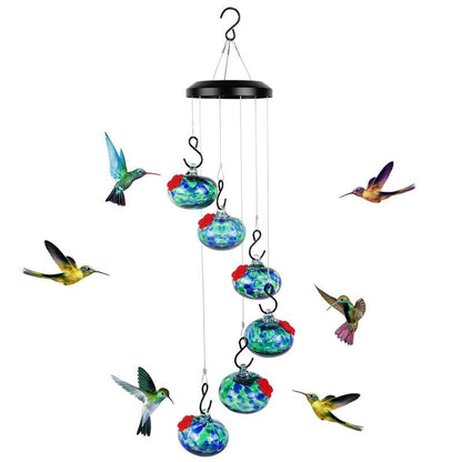 Colorful Glass Hummingbird Feeder with Wind Chime