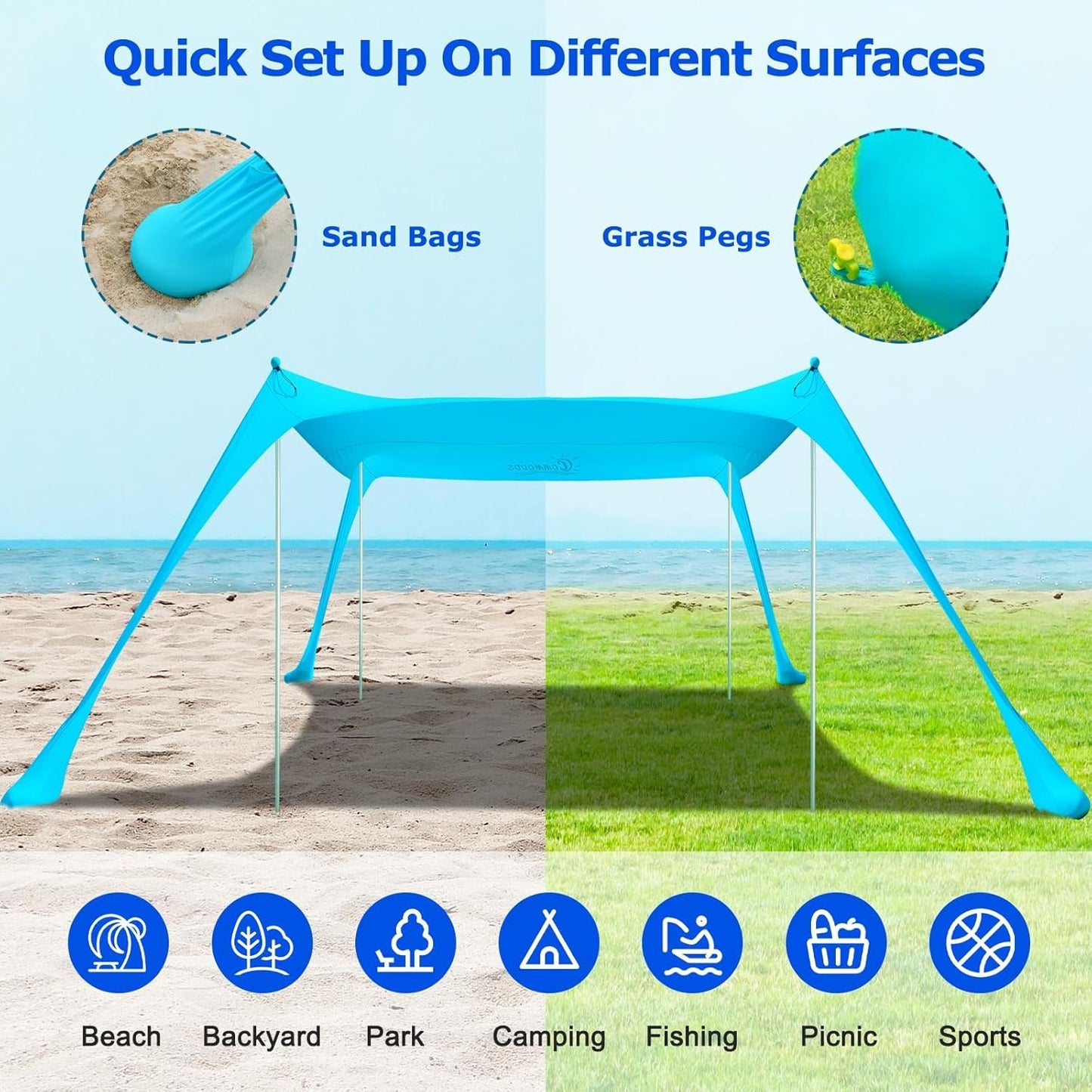 Sun Protection Large Beach Canopy with Metal Poles