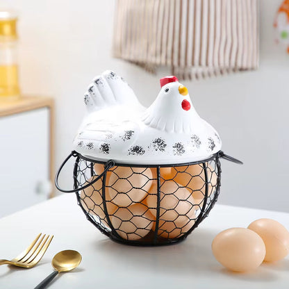 Farmhouse Ceramic Egg Container with Metal Basket