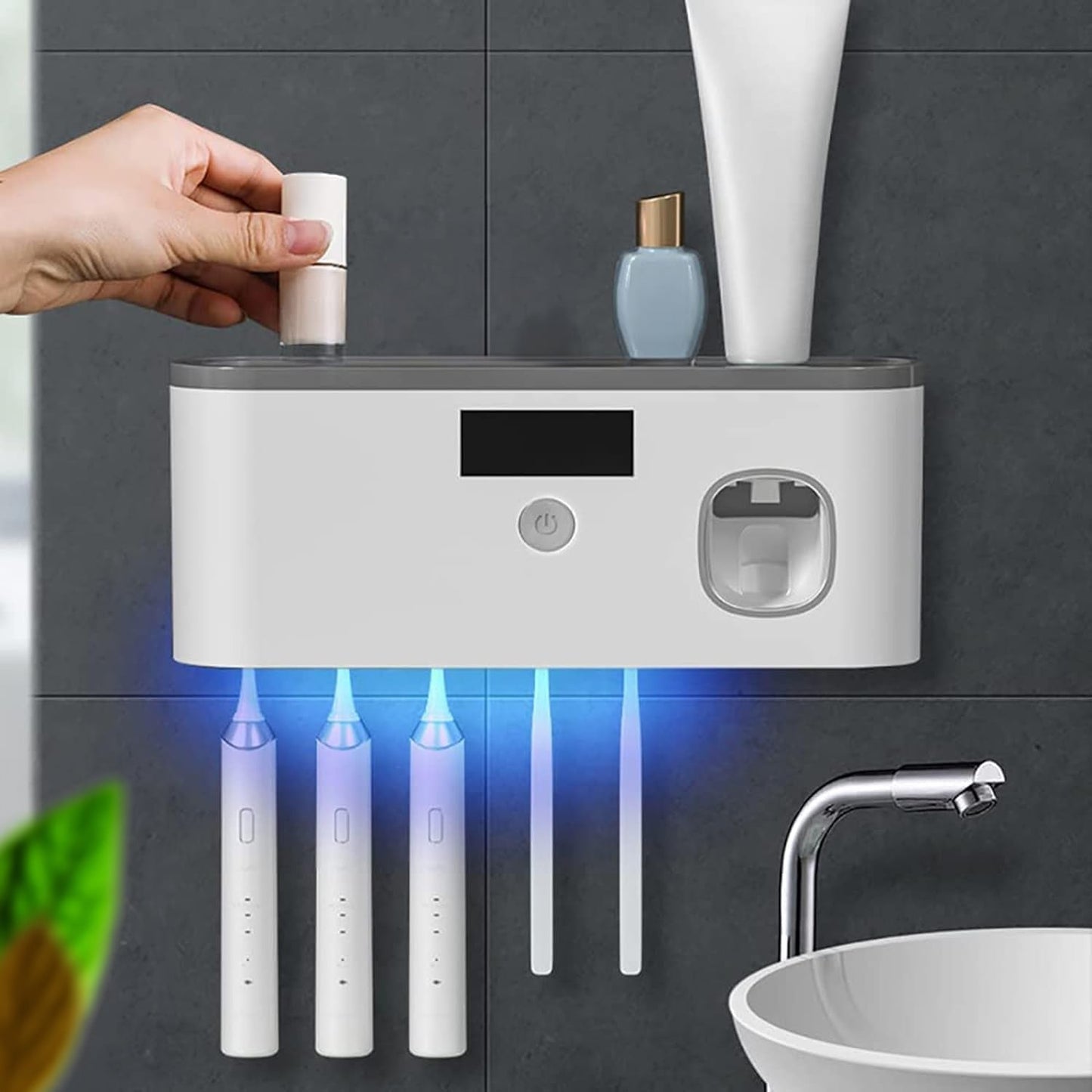 Sanitary Toothbrush Holder with Automatic Dispenser