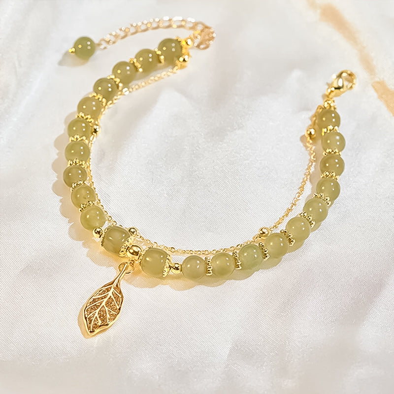 Luxurious Jade Leaf Gold Bangle Bracelet