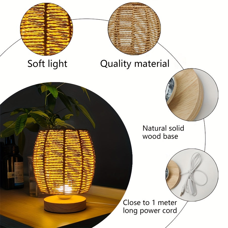 Rustic Wooden Table Lamp with Bright LED Light