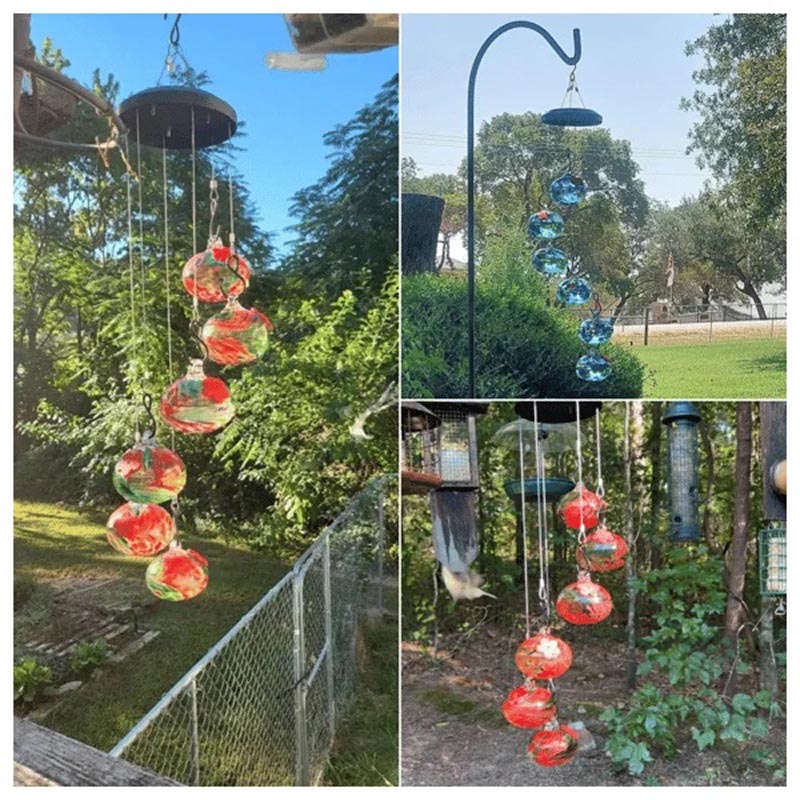 Colorful Glass Hummingbird Feeder with Wind Chime
