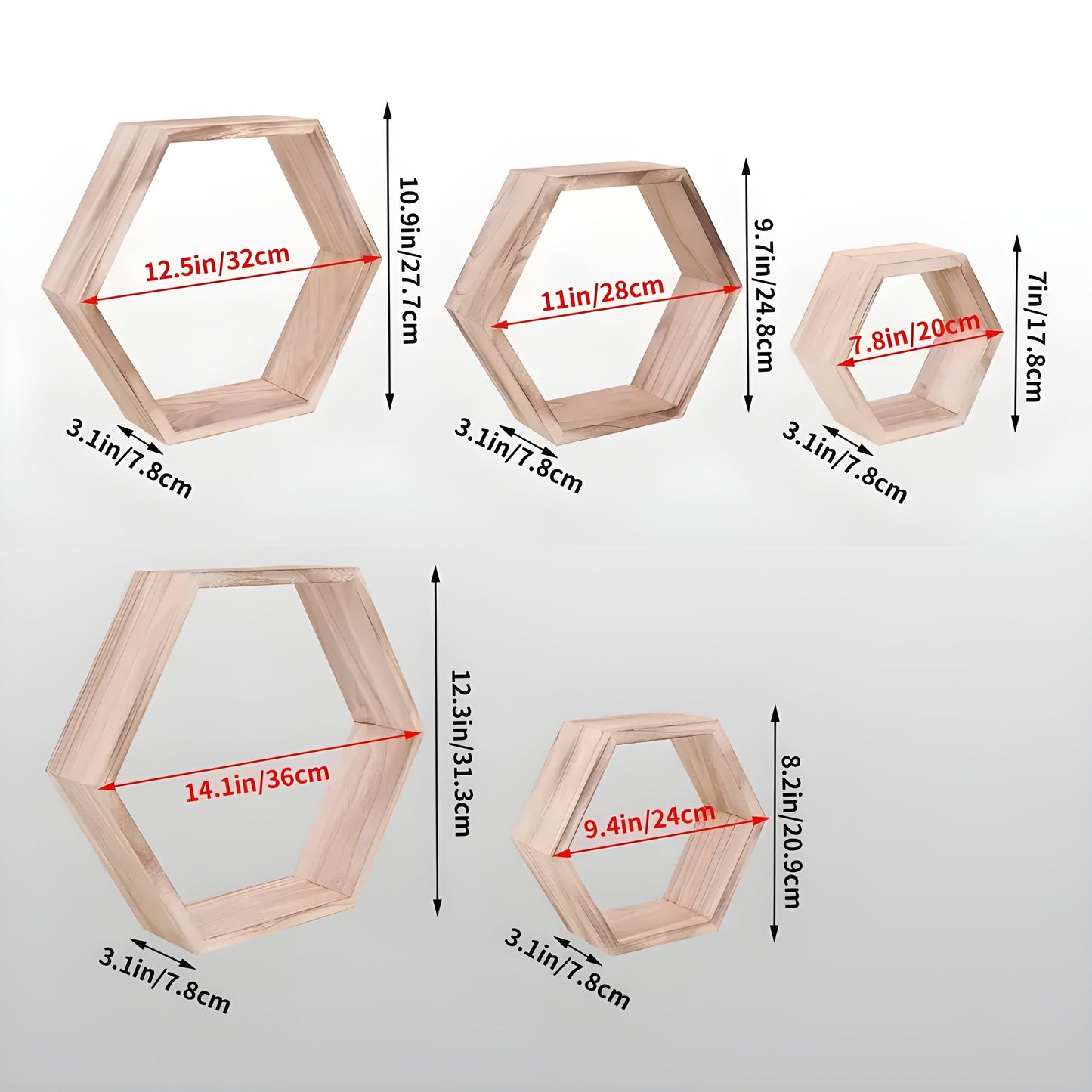 Rustic Wooden Wall Shelves 5 Piece Hexagon Set