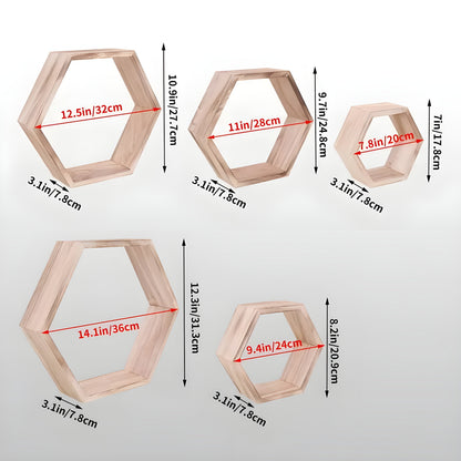 Rustic Wooden Wall Shelves 5 Piece Hexagon Set