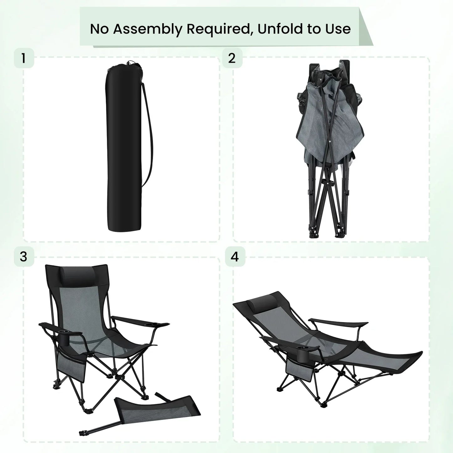 Comfortable Folding Recliner Chair with Footrest - Black/Grey