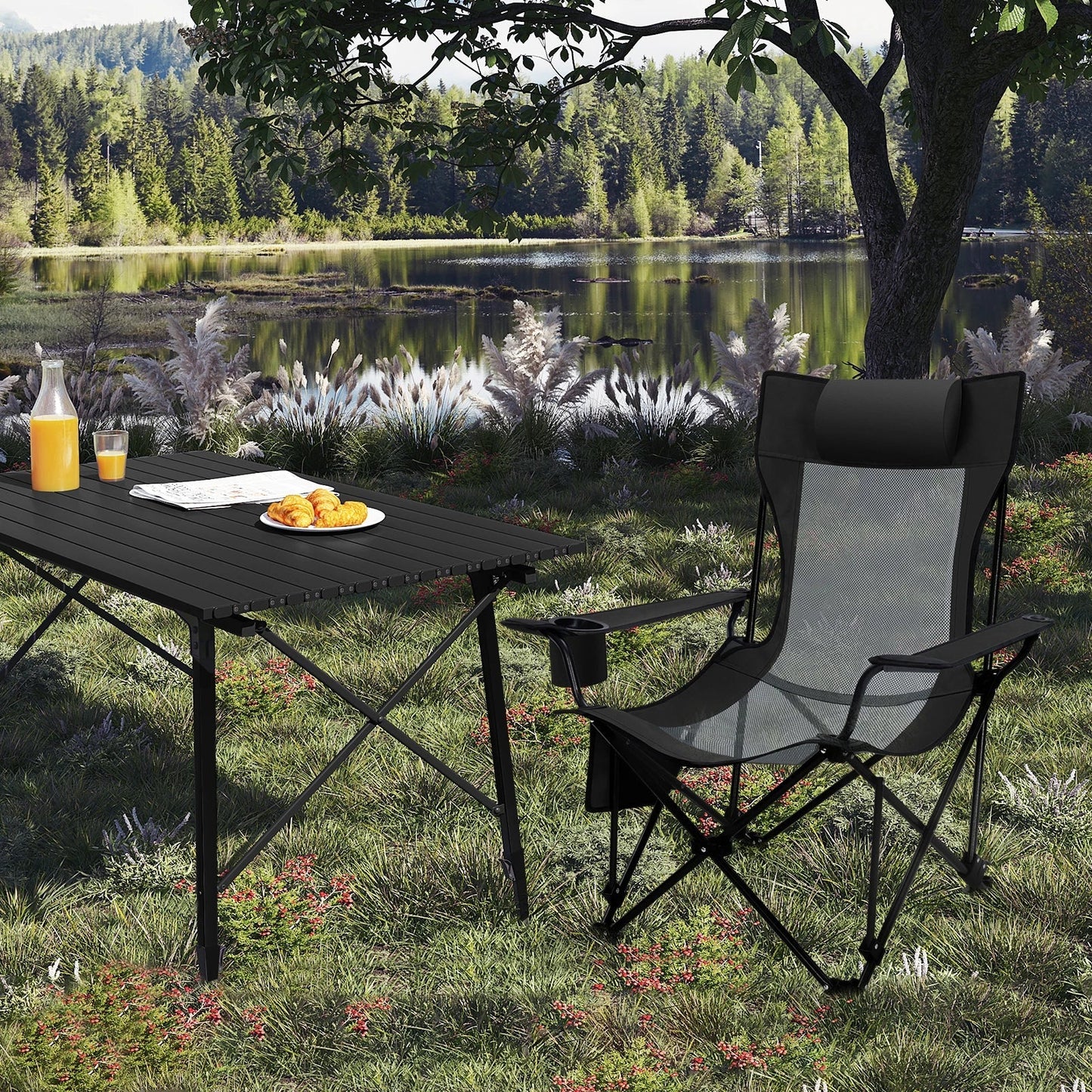 Comfortable Folding Recliner Chair with Footrest - Black/Grey